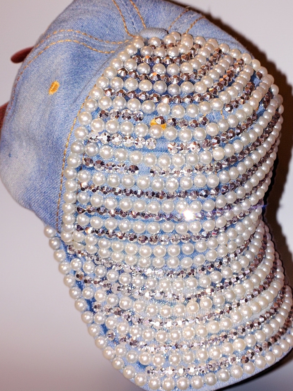 Pearl & Crystal Embellished Light Blue Denim Cap